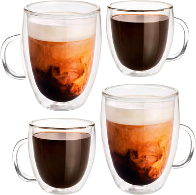 Bluelander Set de 4 Tazas de Vidrio Doble – Modernas y Elegantes para Café, Té o Capuchino (2 de 250 ml y 2 de 350 ml)