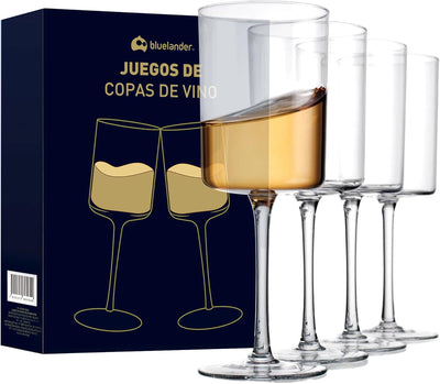 Bluelander Set 4 Copas Vino 450ml - Cristal Sin Plomo Diseño Cuadrado