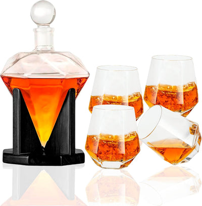 Bluelander Decantador Whisky 750ml - Set con 4 Vasos Cristal Diseño Diamante