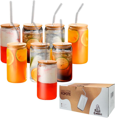 Bluelander Juego de 8 Vasos de Cristal con Tapa de Bambú, 16 oz, con Popotes y Cepillos