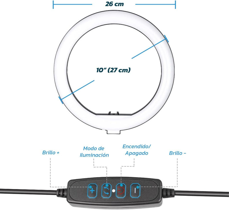 Bluelander Aro de Luz LED 10" Pulgadas (26 cm) con Soporte de Celular + Tripie Portable de 1m hasta 2m, 96 Bombillas LED, 3 Modos de Iluminación con 10 Diferentes Niveles de Intensidad, Energía USB