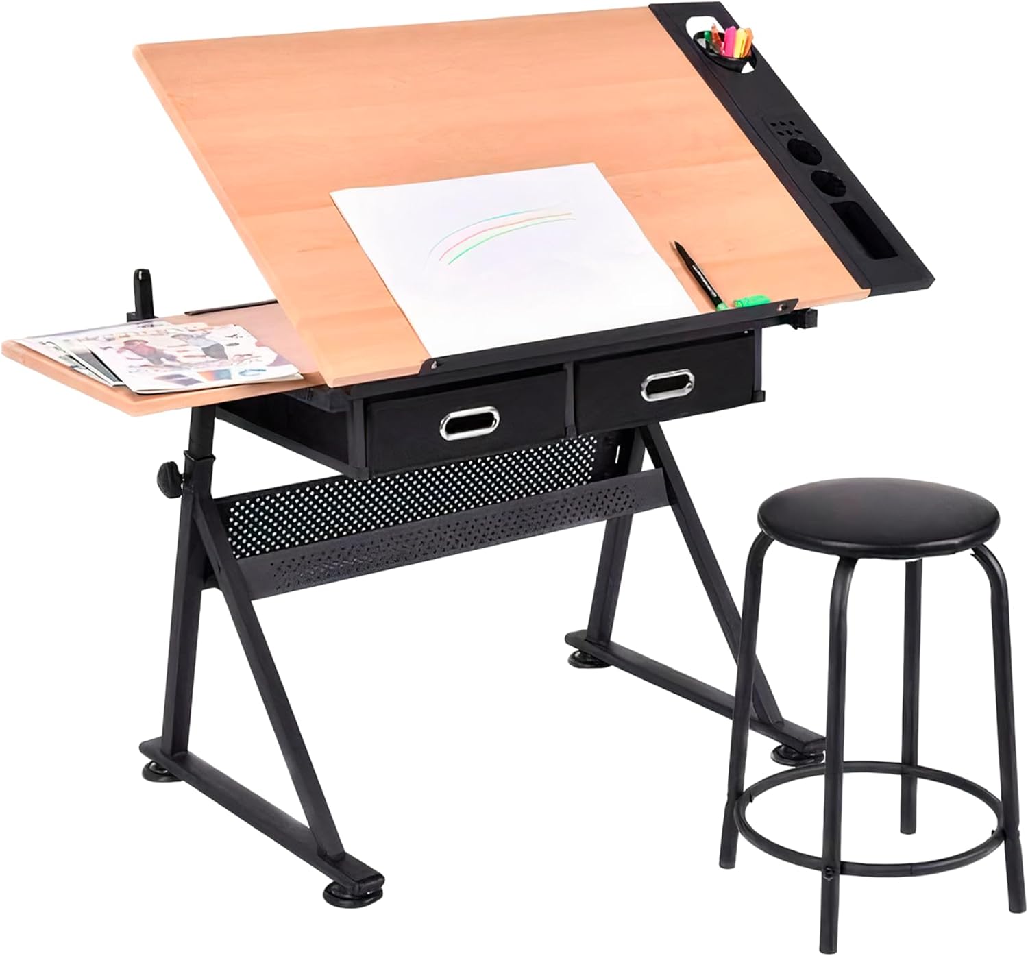 Bluelander Restirador de Madera, 98 * 60 CM Mesa de Dibujo Profesional con Banco de Trabajo, Resistente, Estacion de Manualidades, Dibujo Tecnico, Artistico, Altura Ajustable y Cajón Drawing Table