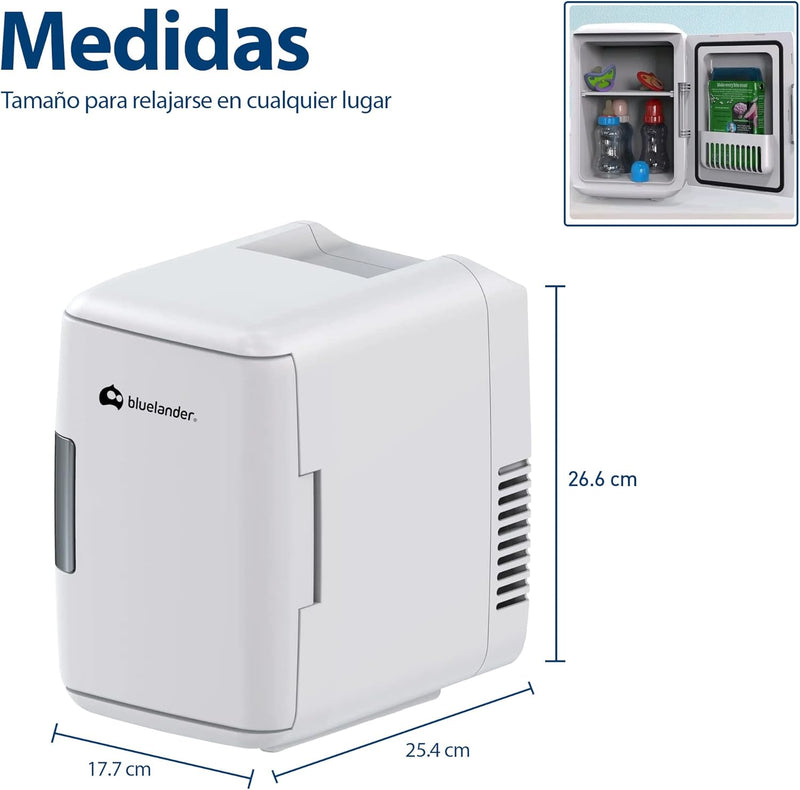 Bluelander Mini Refrigerador, Frigobar Mini Multifuncional, Capacidad de 4L para 6 Latas, Estante Extraíble, Refrigerador Skincare, Mini Refri Compacto y Portátil, Gran Almacenamiento