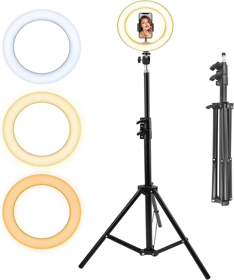 Bluelander Aro de Luz LED 10" Pulgadas (26 cm) con Soporte de Celular + Tripie Portable de 1m hasta 2m, 96 Bombillas LED, 3 Modos de Iluminación con 10 Diferentes Niveles de Intensidad, Energía USB