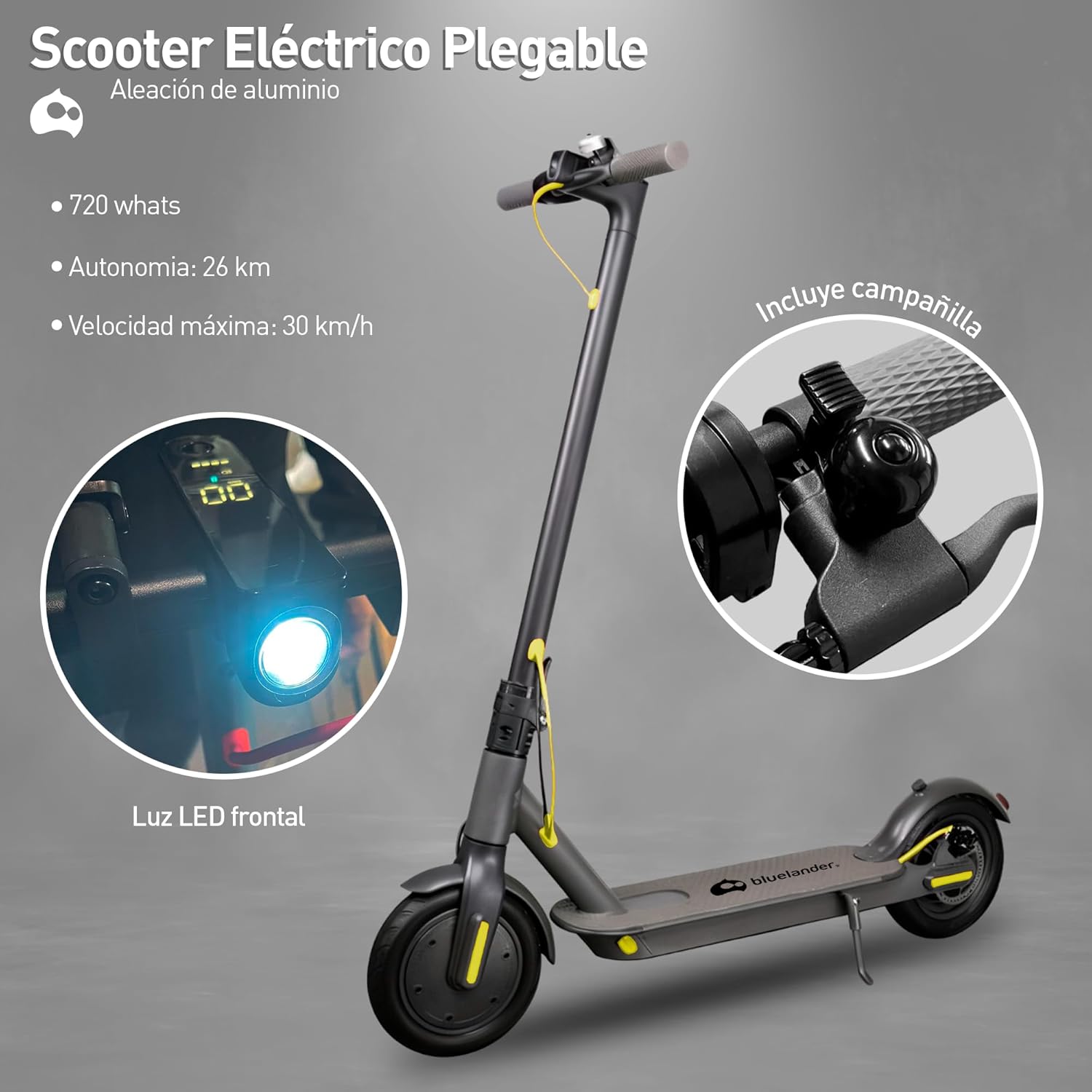 Bluelander Scooter E9 Pro Eléctrico Plegable para Adultos, Motor 720W, Autonomía 22-26 km, Velocidad Máxima 30 km/h, Scooter, Motor Sin Escobillas, Luz LED y Freno de Disco