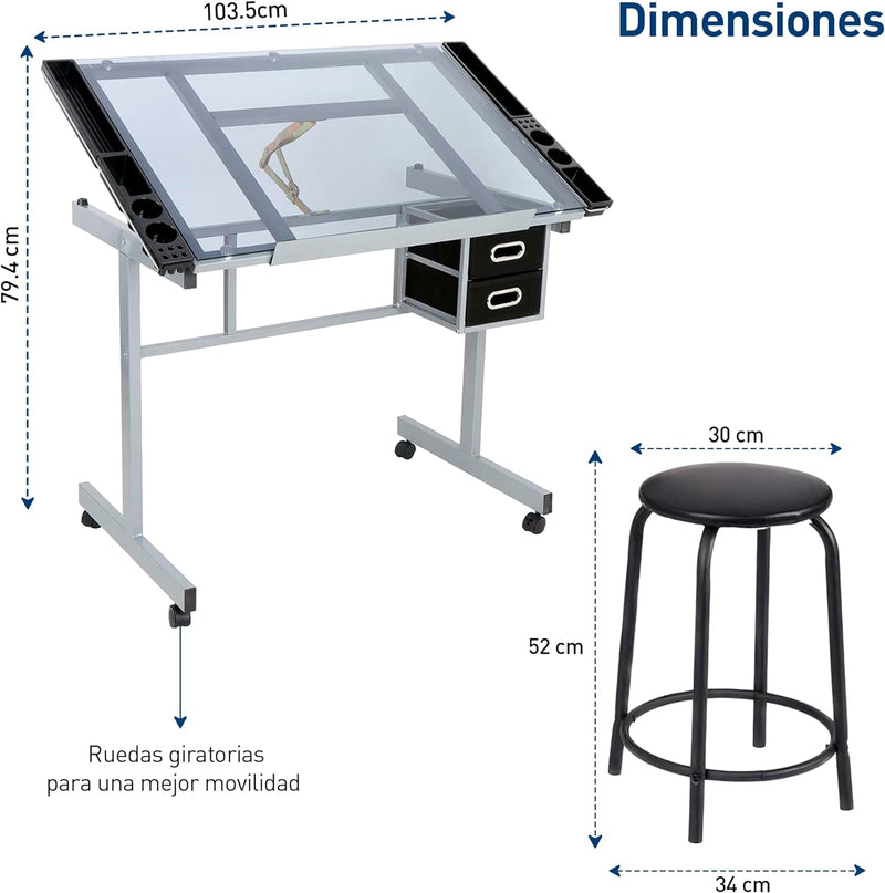 Bluelander Restirador de Cristal Templado 103.5*60 CM, Mesa de Dibujo Profesional con Banco de Trabajo, Arquitectura Profesional Cristal, Resistente, Altura Ajustable, Dibujo Tecnico, Dibujo Artistico