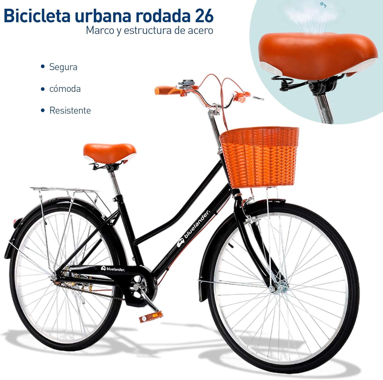 Bluelander Bicicleta Urbana, Bicicleta Rodada 26, Bicicletas, Marco y Estructura de Acero con Canasta para Bicicleta, Bicicleta para Adulto, Diseño Clásico Vintage, Pie de Apoyo