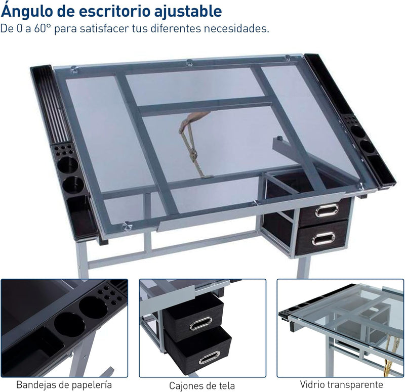 Bluelander Restirador de Cristal Templado 103.5*60 CM, Mesa de Dibujo Profesional con Banco de Trabajo, Arquitectura Profesional Cristal, Resistente, Altura Ajustable, Dibujo Tecnico, Dibujo Artistico