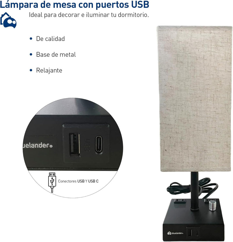 Bluelander Lámpara de Buró Moderna, USB + C, Salida CA, Regulador