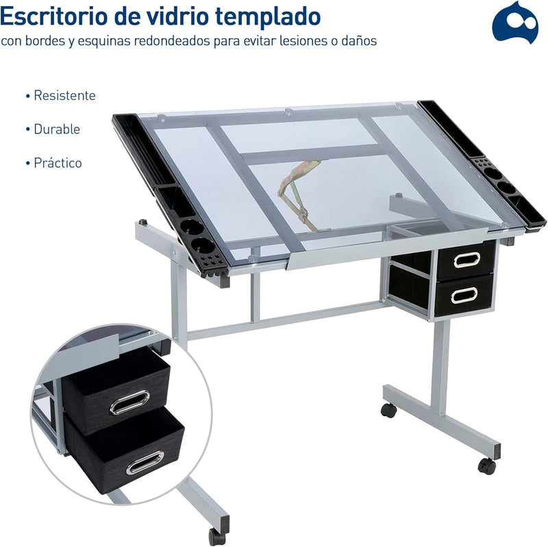 Bluelander Restirador de Cristal Templado 103.5*60 CM, Mesa de Dibujo Profesional con Banco de Trabajo, Arquitectura Profesional Cristal, Resistente, Altura Ajustable, Dibujo Tecnico, Dibujo Artistico