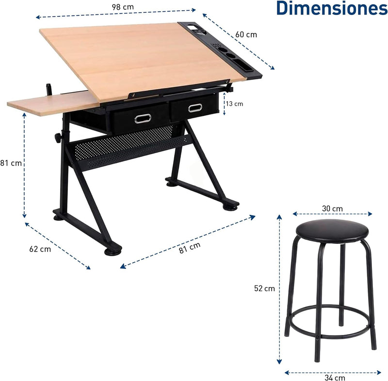 Bluelander Restirador de Madera, 98 * 60 CM Mesa de Dibujo Profesional con Banco de Trabajo, Resistente, Estacion de Manualidades, Dibujo Tecnico, Artistico, Altura Ajustable y Cajón Drawing Table