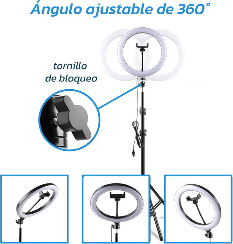 Bluelander Aro de Luz LED 10" Pulgadas (26 cm) con Soporte de Celular + Tripie Portable de 1m hasta 2m, 96 Bombillas LED, 3 Modos de Iluminación con 10 Diferentes Niveles de Intensidad, Energía USB