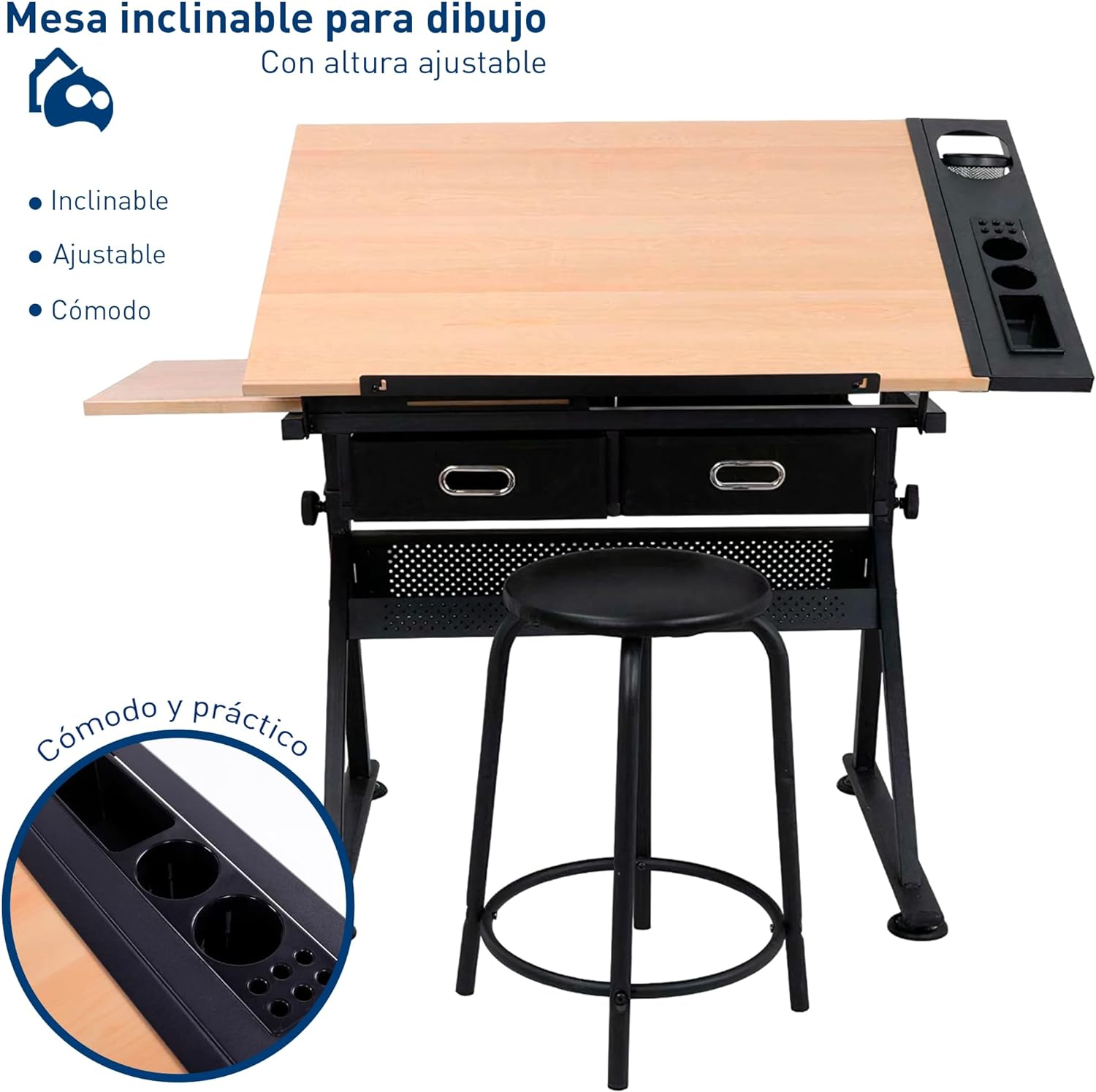 Bluelander Restirador de Madera, 98 * 60 CM Mesa de Dibujo Profesional con Banco de Trabajo, Resistente, Estacion de Manualidades, Dibujo Tecnico, Artistico, Altura Ajustable y Cajón Drawing Table