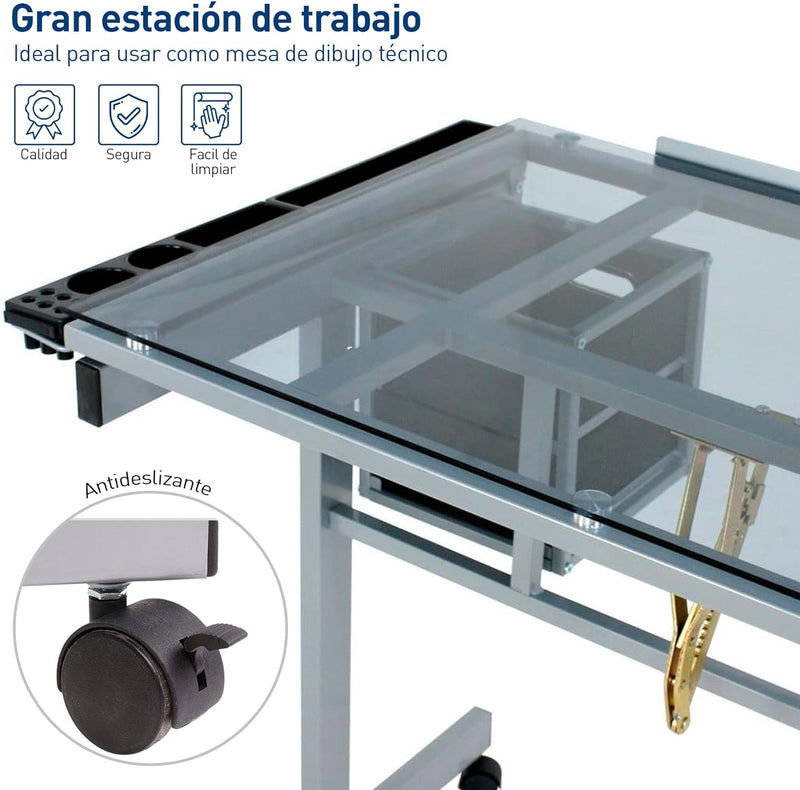 Bluelander Restirador de Cristal Templado 103.5*60 CM, Mesa de Dibujo Profesional con Banco de Trabajo, Arquitectura Profesional Cristal, Resistente, Altura Ajustable, Dibujo Tecnico, Dibujo Artistico