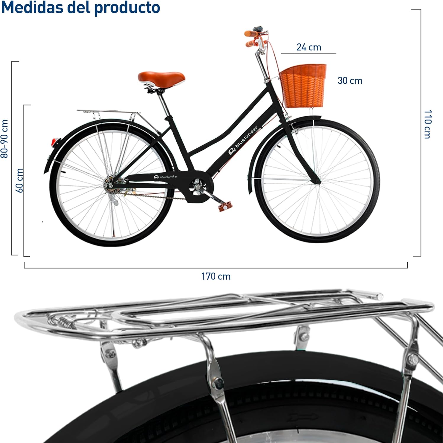 Bluelander Bicicleta Urbana, Bicicleta Rodada 26, Bicicletas, Marco y Estructura de Acero con Canasta para Bicicleta, Bicicleta para Adulto, Diseño Clásico Vintage, Pie de Apoyo