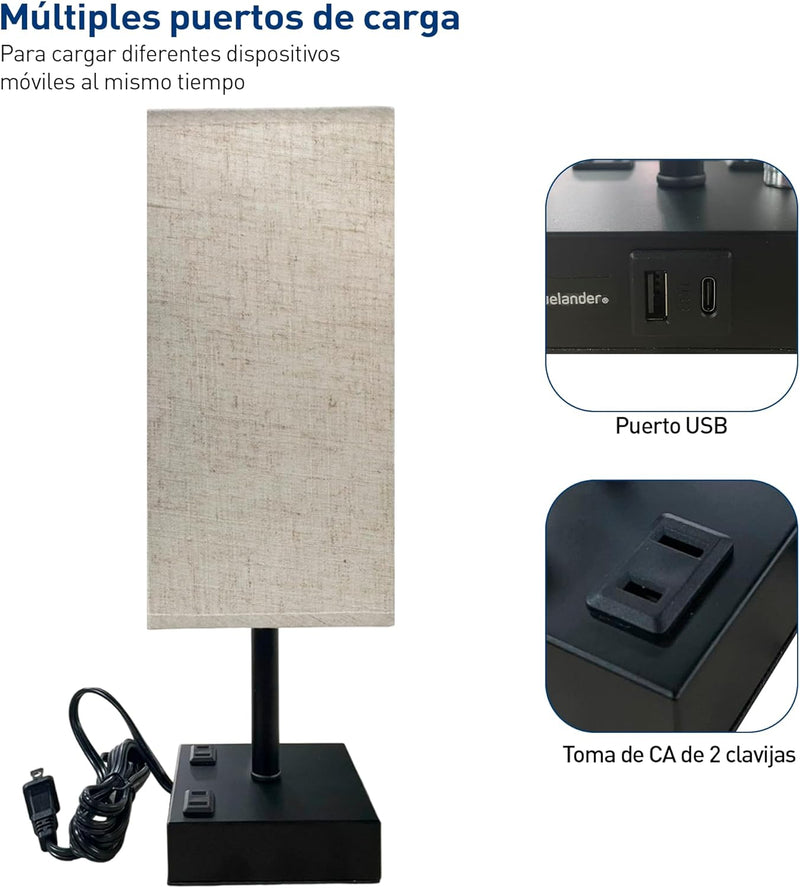 Bluelander Lámpara de Buró Moderna, USB + C, Salida CA, Regulador