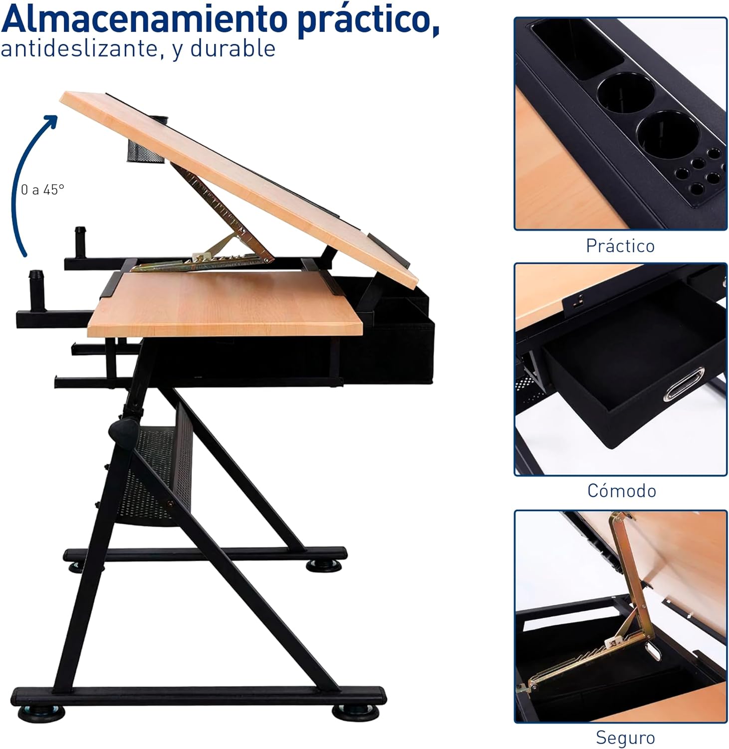 Bluelander Restirador de Madera, 98 * 60 CM Mesa de Dibujo Profesional con Banco de Trabajo, Resistente, Estacion de Manualidades, Dibujo Tecnico, Artistico, Altura Ajustable y Cajón Drawing Table