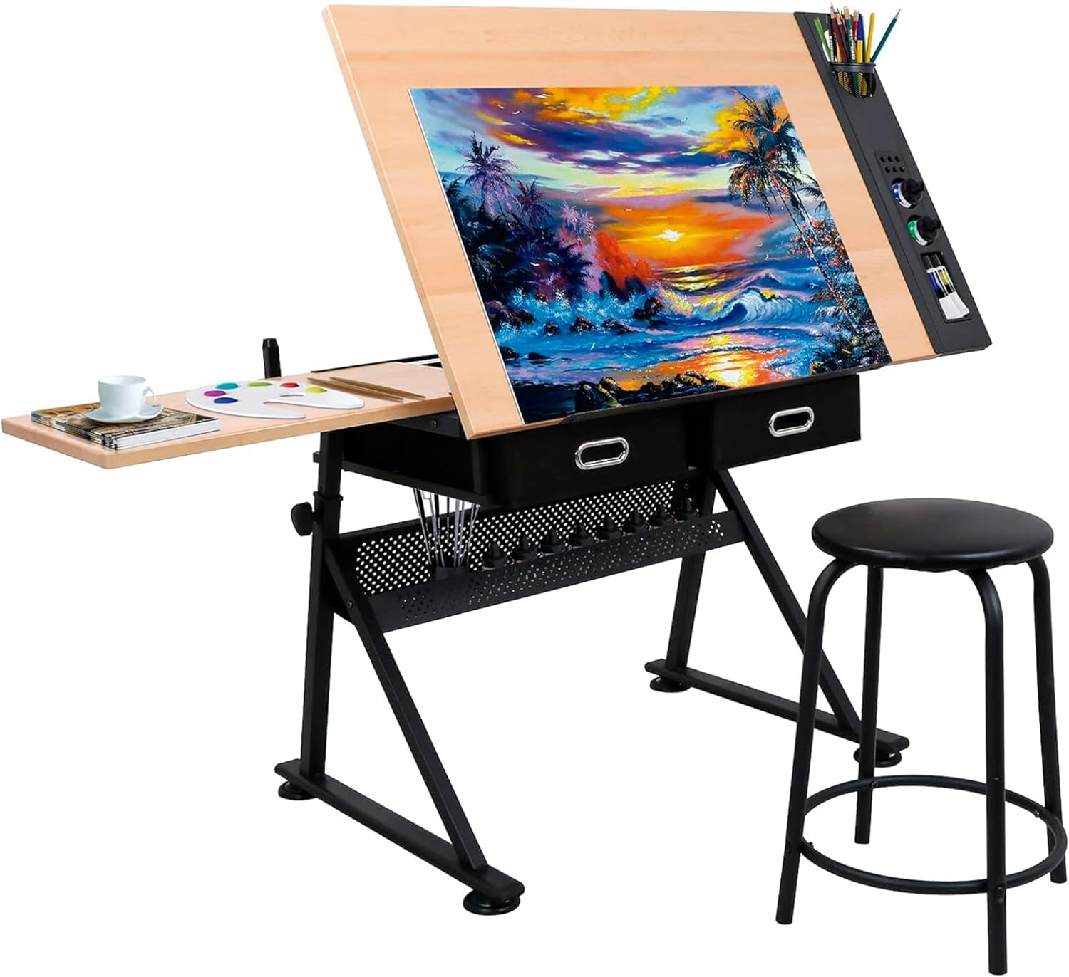 Bluelander Restirador de Madera, 98 * 60 CM Mesa de Dibujo Profesional con Banco de Trabajo, Resistente, Estacion de Manualidades, Dibujo Tecnico, Artistico, Altura Ajustable y Cajón Drawing Table