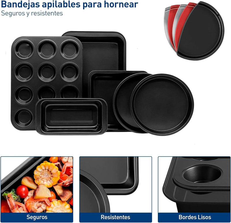 Bluelander Moldes para Hornear 6 Piezas, Juego de Charola para Hornear, Bandejas para Hornear, Utensilios de Cocina, Antiadherente de Acero al Carbono, Juego de Utensilios de Cocina