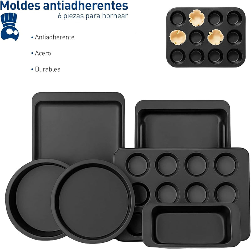 Bluelander Moldes para Hornear 6 Piezas, Juego de Charola para Hornear, Bandejas para Hornear, Utensilios de Cocina, Antiadherente de Acero al Carbono, Juego de Utensilios de Cocina