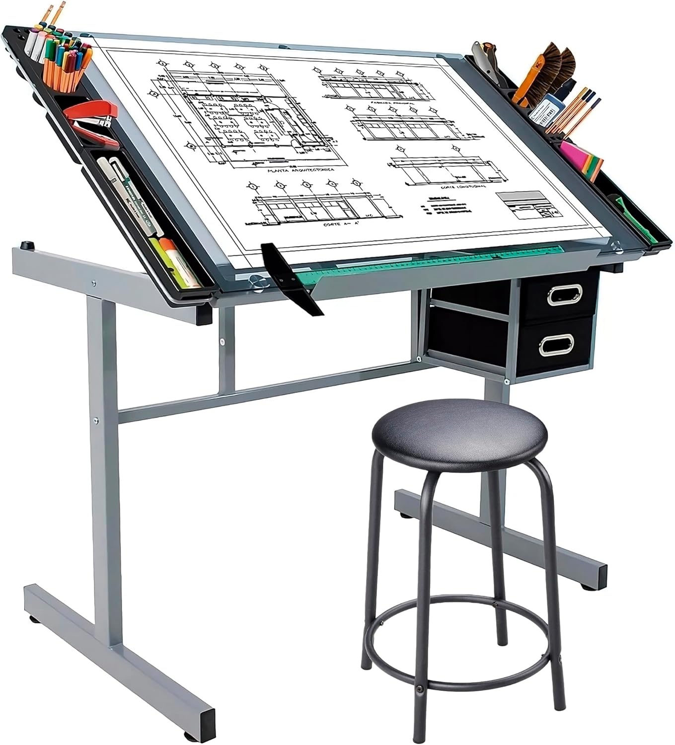 Bluelander Restirador de Cristal Templado 103.5*60 CM, Mesa de Dibujo Profesional con Banco de Trabajo, Arquitectura Profesional Cristal, Resistente, Altura Ajustable, Dibujo Tecnico, Dibujo Artistico