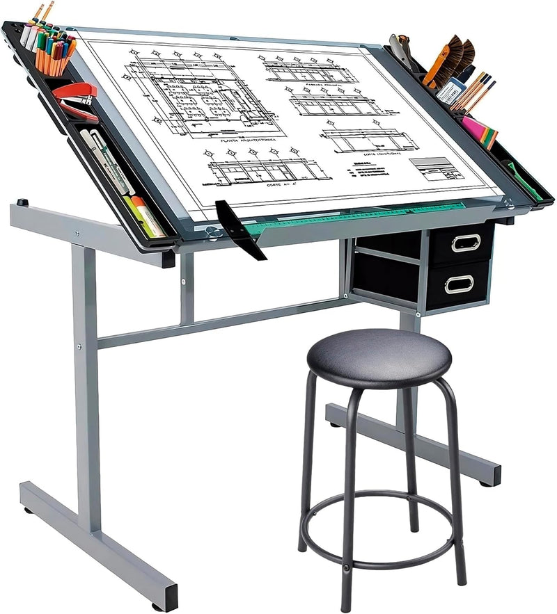 Bluelander Restirador de Cristal Templado 103.5*60 CM, Mesa de Dibujo Profesional con Banco de Trabajo, Arquitectura Profesional Cristal, Resistente, Altura Ajustable, Dibujo Tecnico, Dibujo Artistico