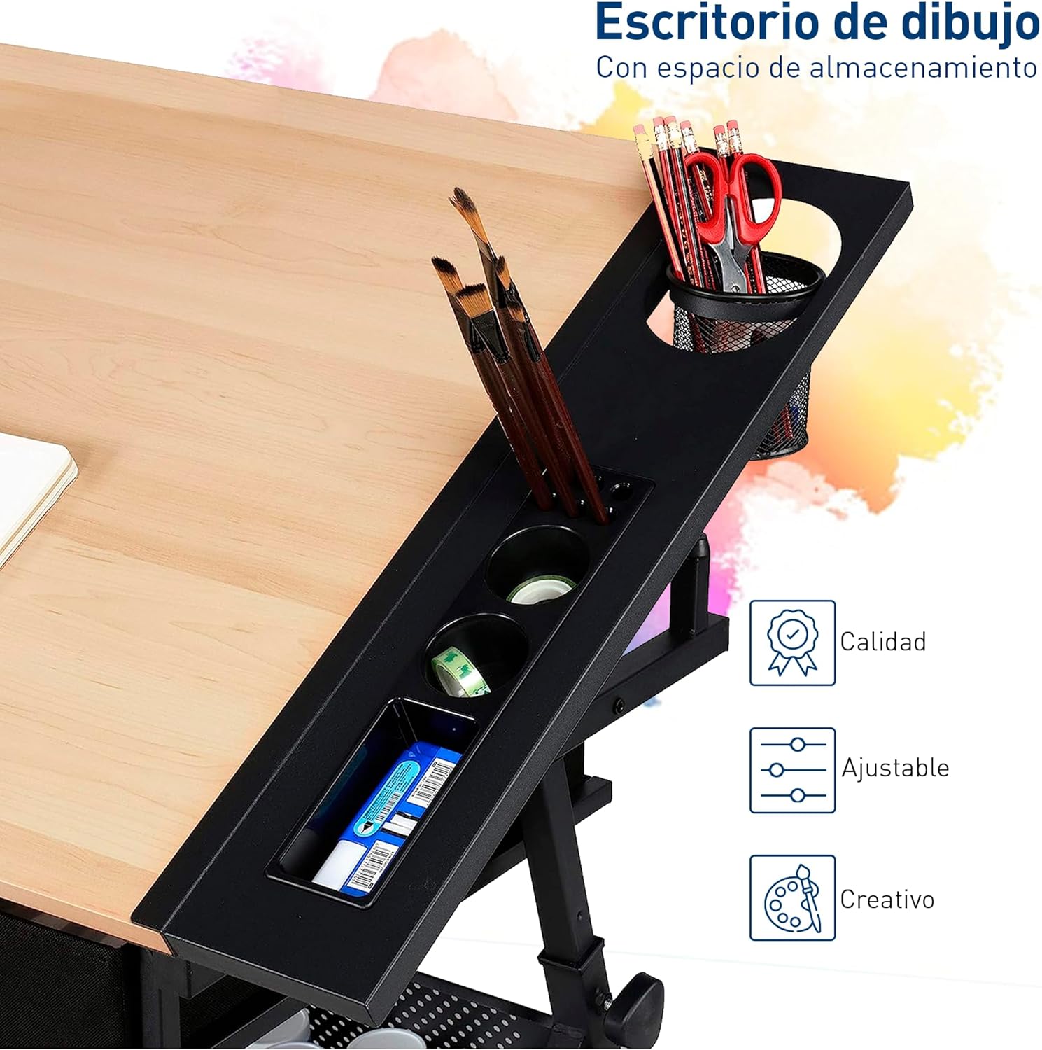 Bluelander Restirador de Madera, 98 * 60 CM Mesa de Dibujo Profesional con Banco de Trabajo, Resistente, Estacion de Manualidades, Dibujo Tecnico, Artistico, Altura Ajustable y Cajón Drawing Table