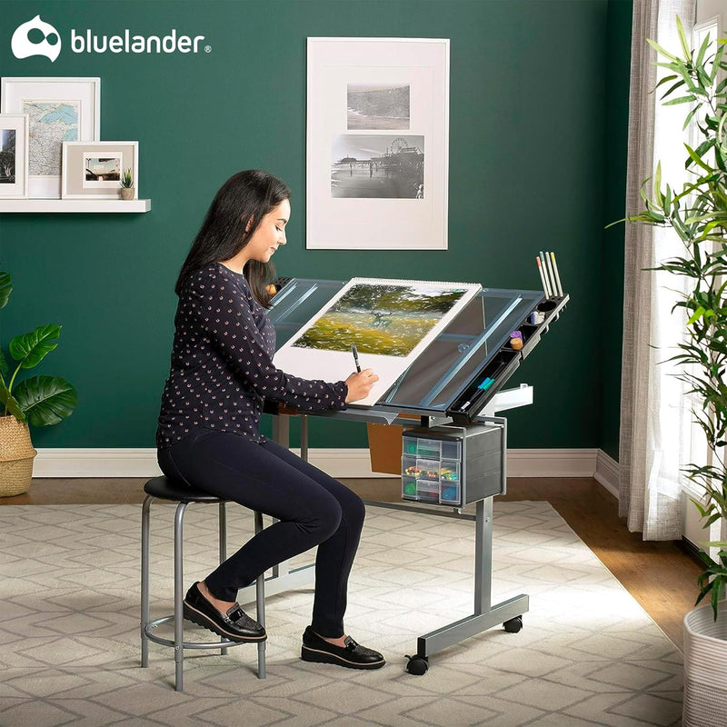 Bluelander Restirador de Cristal Templado 103.5*60 CM, Mesa de Dibujo Profesional con Banco de Trabajo, Arquitectura Profesional Cristal, Resistente, Altura Ajustable, Dibujo Tecnico, Dibujo Artistico