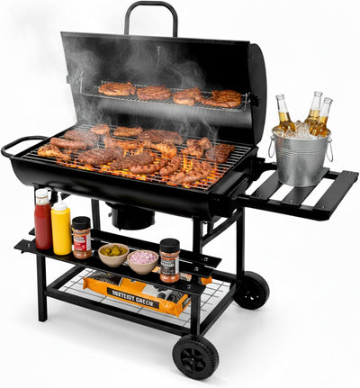 Parrilla Asador de Carbón Tipo Barril con Ruedas para BBQ y Jardín