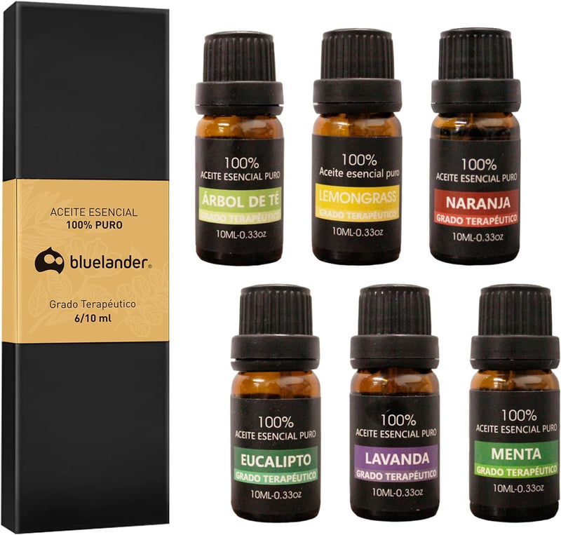 Bluelander Set de Aceites Esenciales 6 Piezas – Aromaterapia 10 ml con Lavanda, Menta, Eucalipto y Más