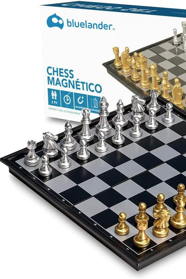 Bluelander Ajedrez Profesional Magnético Plegable 25x25 cm – Portátil y Educativo (Dorado y Plateado)