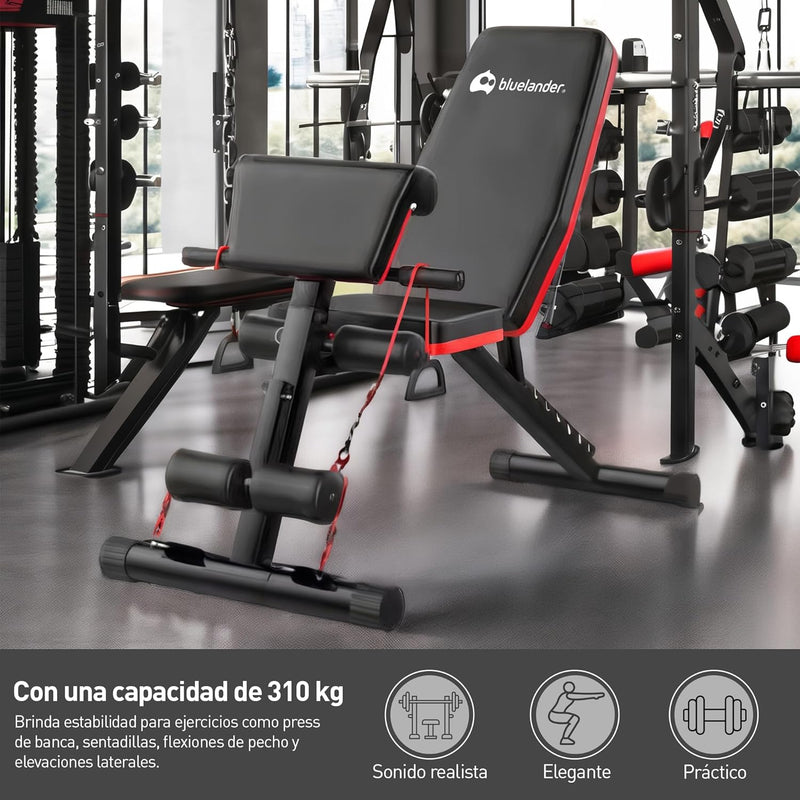 Bluelander Banco de Ejercicio 105*48.5*138 cm, Banco para Ejercicio Multifuncional 12 en 1, Capacidad de 310 kg, Incluye 2 Ligas, Banco para Ejercicio con Ajuste de 7 Niveles, Banco de Ejercicio