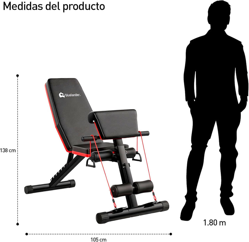 Bluelander Banco de Ejercicio 105*48.5*138 cm, Banco para Ejercicio Multifuncional 12 en 1, Capacidad de 310 kg, Incluye 2 Ligas, Banco para Ejercicio con Ajuste de 7 Niveles, Banco de Ejercicio