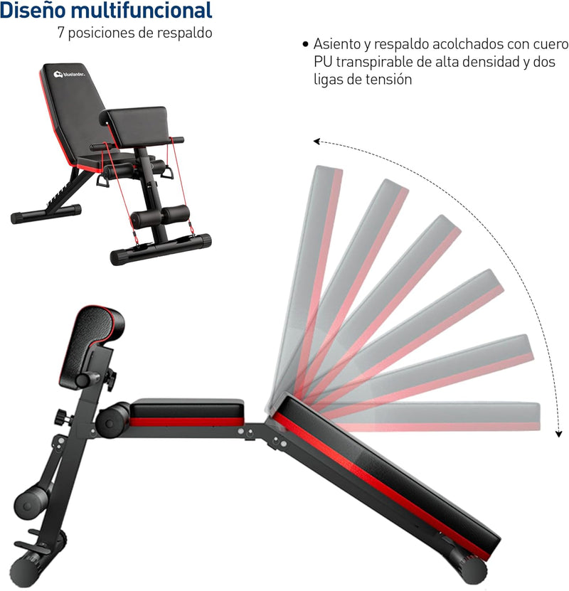 Bluelander Banco de Ejercicio 105*48.5*138 cm, Banco para Ejercicio Multifuncional 12 en 1, Capacidad de 310 kg, Incluye 2 Ligas, Banco para Ejercicio con Ajuste de 7 Niveles, Banco de Ejercicio