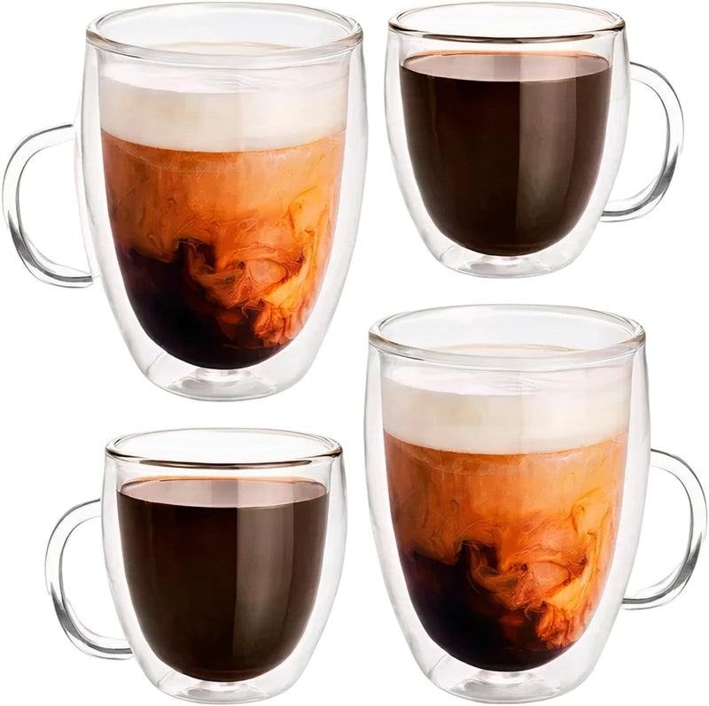 Bluelander Set de 4 Tazas de Vidrio Doble – Modernas y Elegantes para Café, Té o Capuchino (2 de 250 ml y 2 de 350 ml)