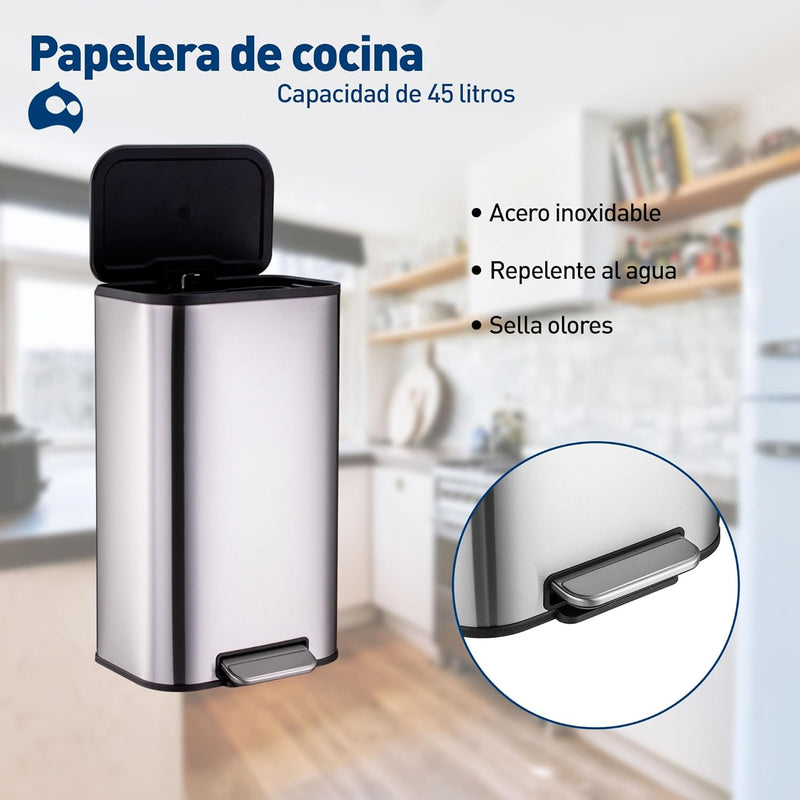 Bluelander Bote de Basura de 45L, Acero Inoxidable, Ideal para Baño y Oficina, con Mecanismo de Pedal y Bandeja Desmontable (45 Litros)