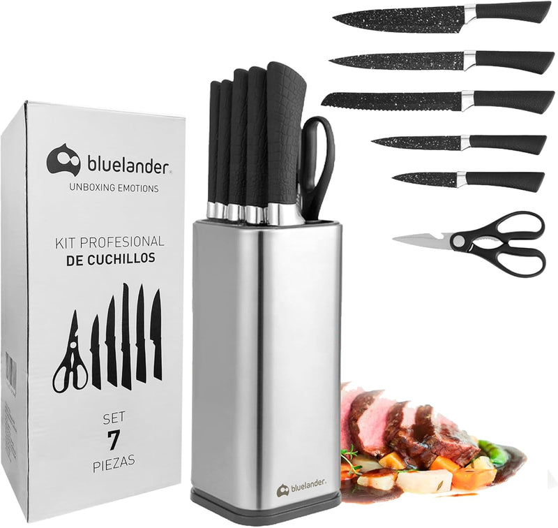 Bluelander Juego de Cuchillos 7 Pzas Inox con Bloque y Tijeras Anticorrosivos