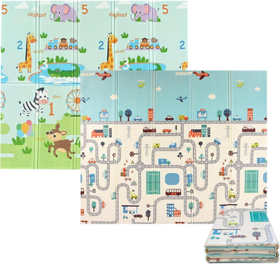 Bluelander "Tapete Plegable para Bebé de Espuma XPE, 2 m x 1.5 m, Diseño Ciudad y Animales"