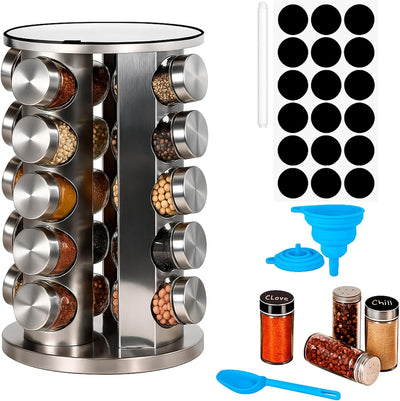 Bluelander Especiero Giratorio 360° - 20 Frascos de Vidrio 5 Niveles Plateado