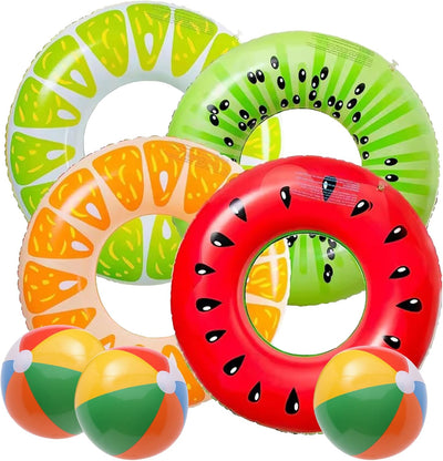 Bluelander Kit de 7 Flotadores Inflables: 4 Aros de Frutas y 3 Pelotas para Piscina