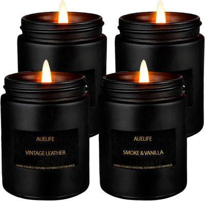 Bluelander Set de 4 Velas Aromáticas de Cera de Soja – Vainilla, Lavanda, Roble y Cuero – Tarros Reutilizables para Aromaterapia y Relajación