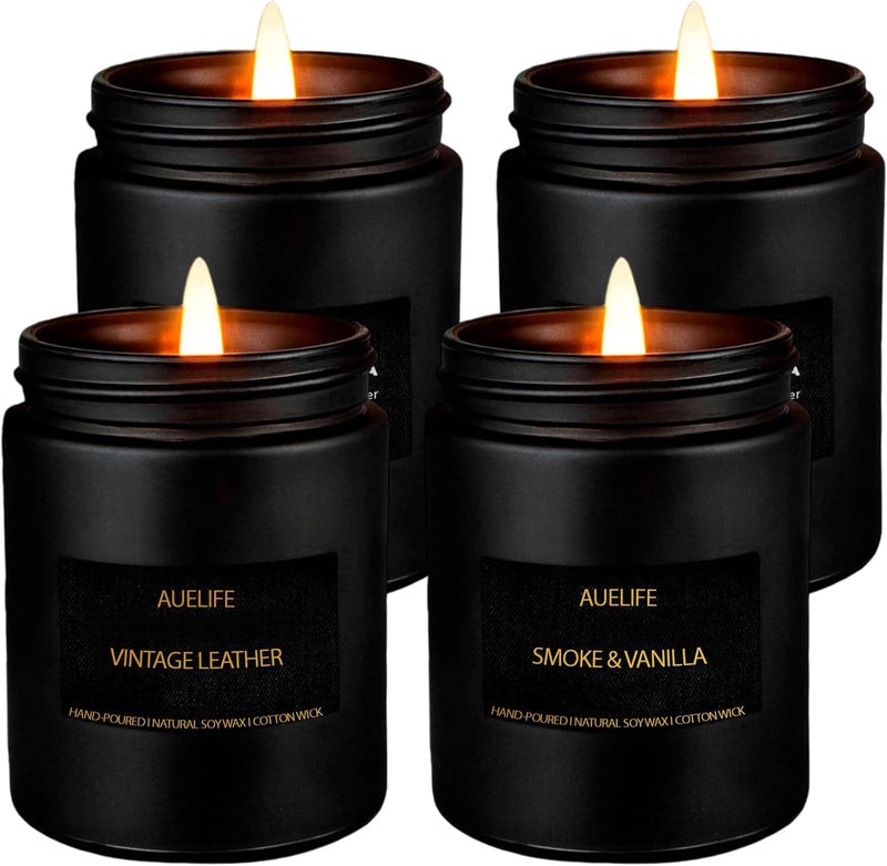 Bluelander Set de 4 Velas Aromáticas de Cera de Soja – Vainilla, Lavanda, Roble y Cuero – Tarros Reutilizables para Aromaterapia y Relajación