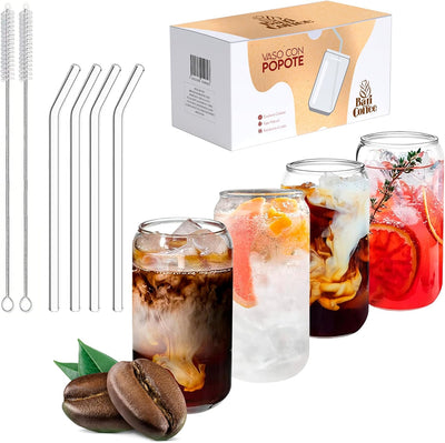 Bluelander Vasos de Vidrio 16 oz con Tapa de Bambú, Set de 4 con Popotes y Cepillos