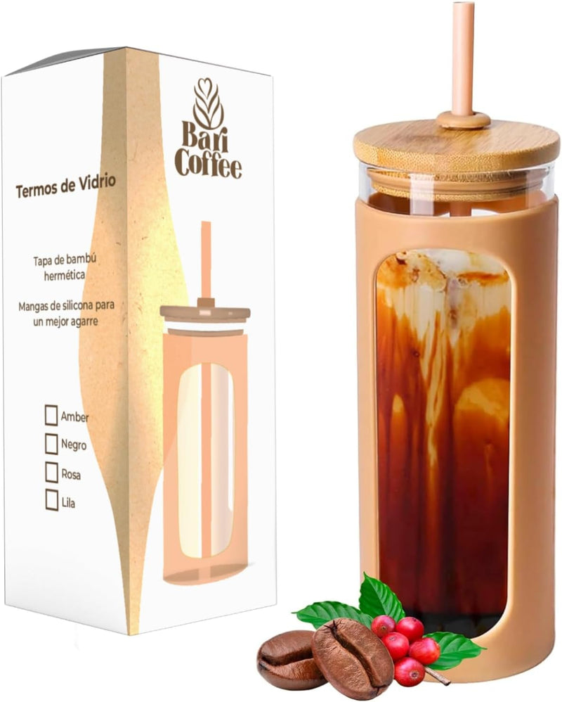 Vaso de Vidrio 600 ml con Tapa de Bambú y Popote