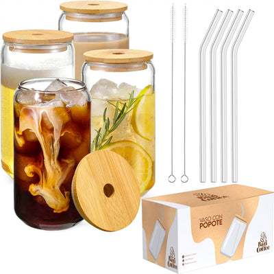Bluelander Juego de 4 Vasos de Cristal con Tapa de Bambú, 16 oz, con Popotes y Cepillos